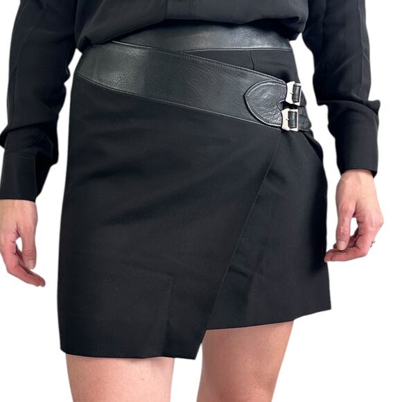 Saint Laurent Wool Wrap Skirt size FR 36 Black Leather Trim - Picture 1 of 16